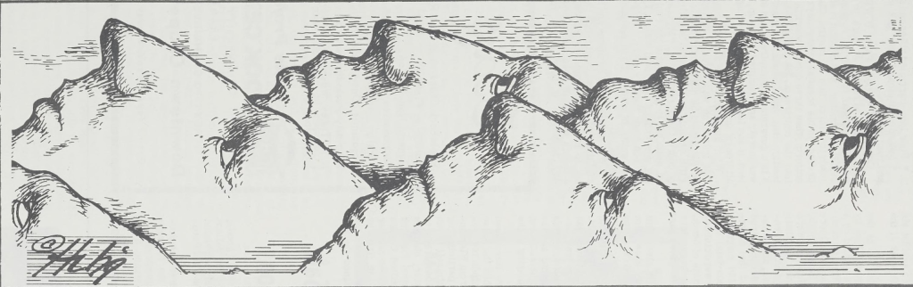 Drawing of multiple faces next to each other, resembling mountains.