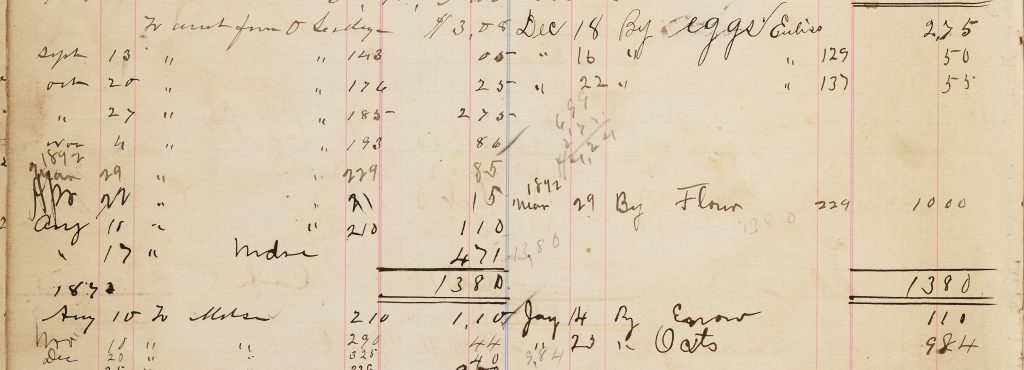 Snippet from the G. W. Peterson & Bros. page in the W. J. Nicks Store Ledger. The cropped image of the page shows that Peterson paid for goods using eggs, flour, oats, and what appears to be the word escrow.