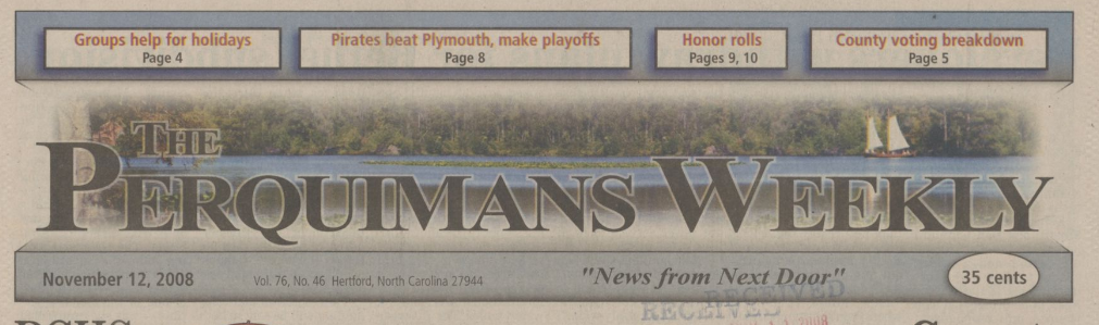 The title block of The Perquimans Weekly, including highlights of articles contained in this issue.