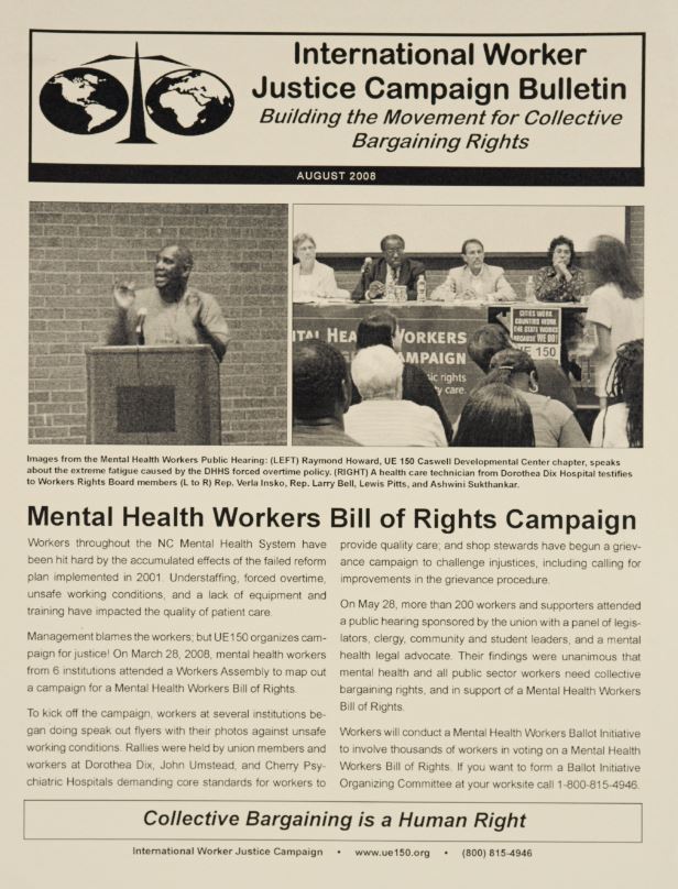Beige colored cover page of the International Worker Justice Campaign Bulletin with two black and white images of a speaker standing behind a podium and a group of speakers sitting at a table. for the Mental Health Workers Bill of Rights Campaign. 