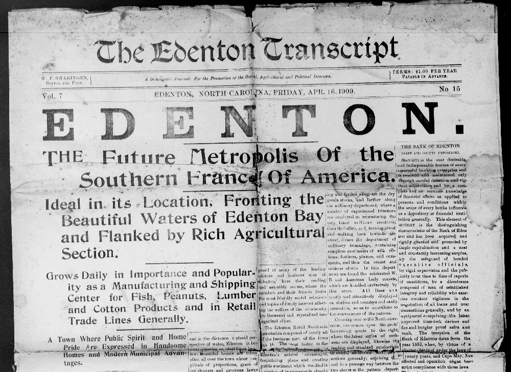 Black and white newspaper with The Edenton Transcript masthead in serif text