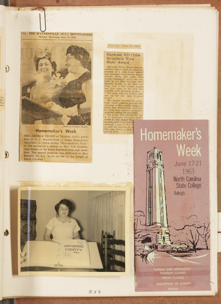 A page from Haywood County's 1963 scrapbook including newspaper clippings, a photograph, and a pamphlet from NC State.