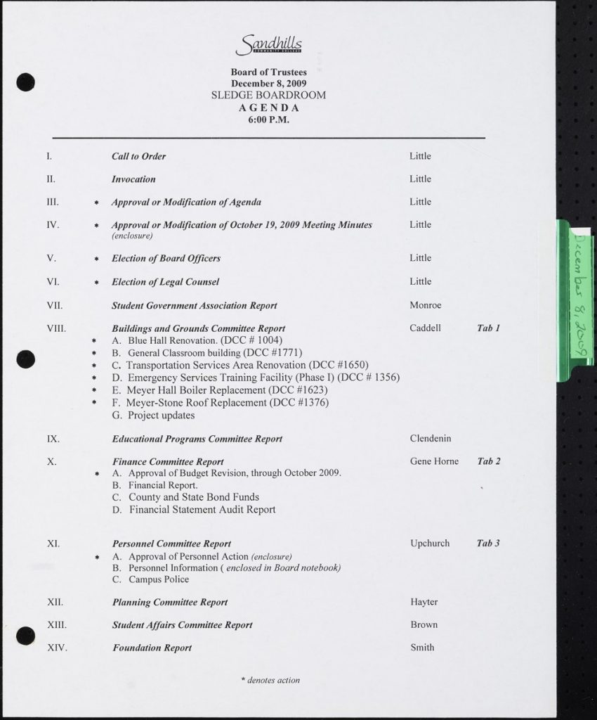 Agenda of Sandhills Board of Trustees meeting December 8, 2009