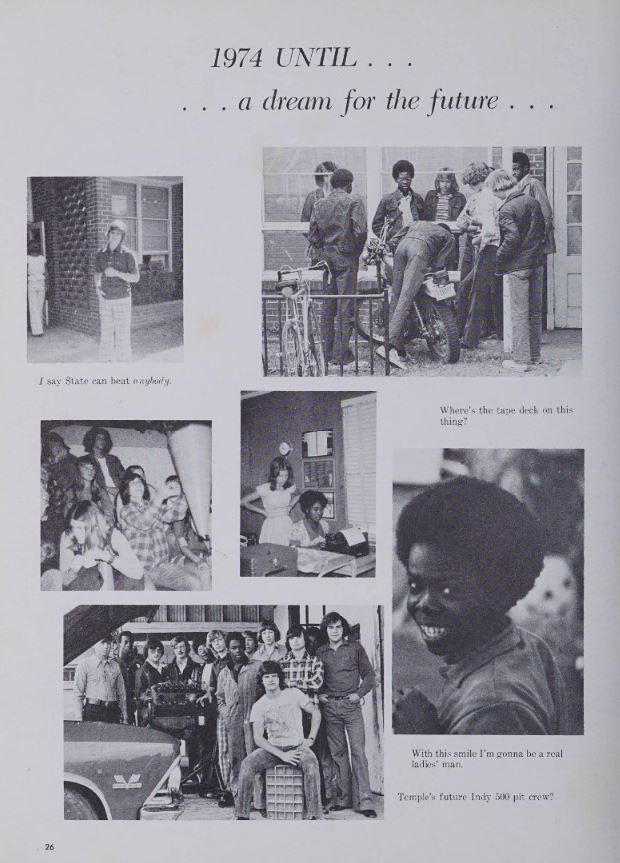 A collage of black and white photographs of students daily activities. 