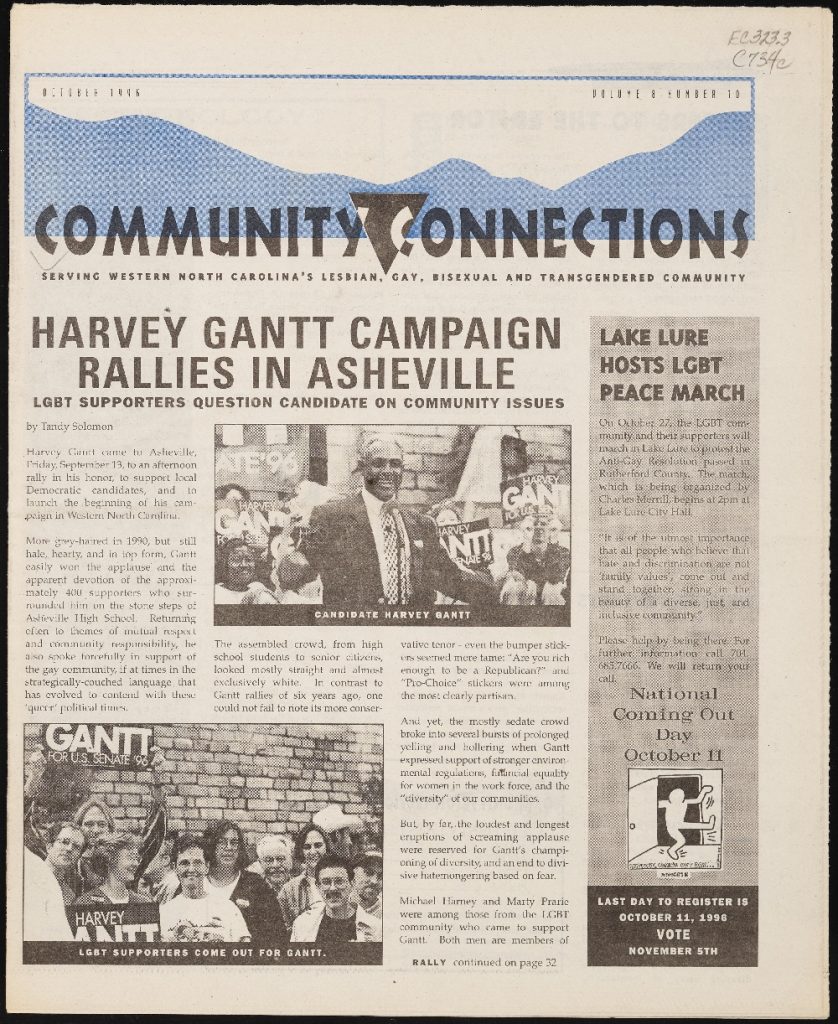 Front page of October 1996 Community Connections newspaper with black and white photo of smiling African American man behind microphone and smiling crowds with campaign signs