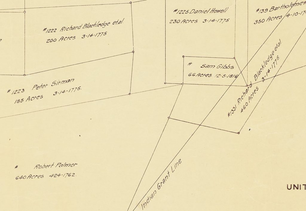 Zoomed-in image of the map. It shows the land parcel boundaries along with their owner's names, dates acquired, and acreage.