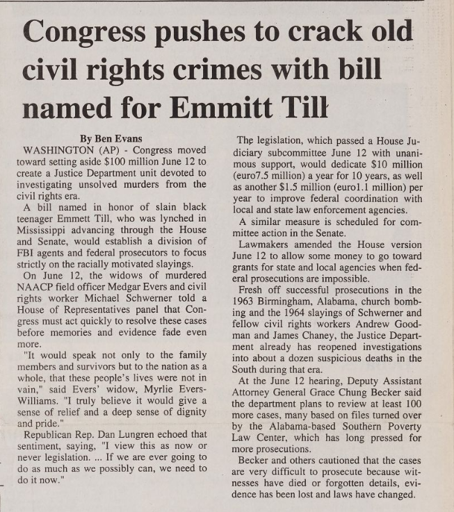 Scan of newspaper article titled "Congress pushes to crack old civil rights crimes with bill names for Emmett Till"