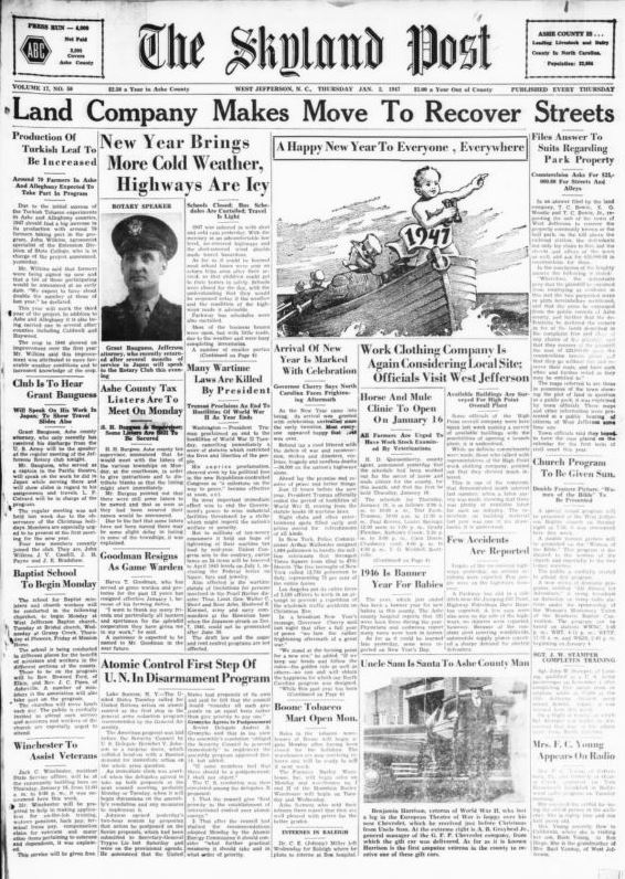 Front page of the Skyland Post newspaper in black-and-white.