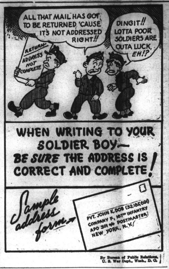 A cartoon from the Mount Olive Tribune, featuring three soldiers carrying away improperly addressed mail.