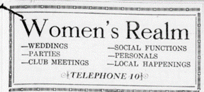Headline: "Women's Realm: weddings, parties, club meetings, social functions, personals, local happenings"