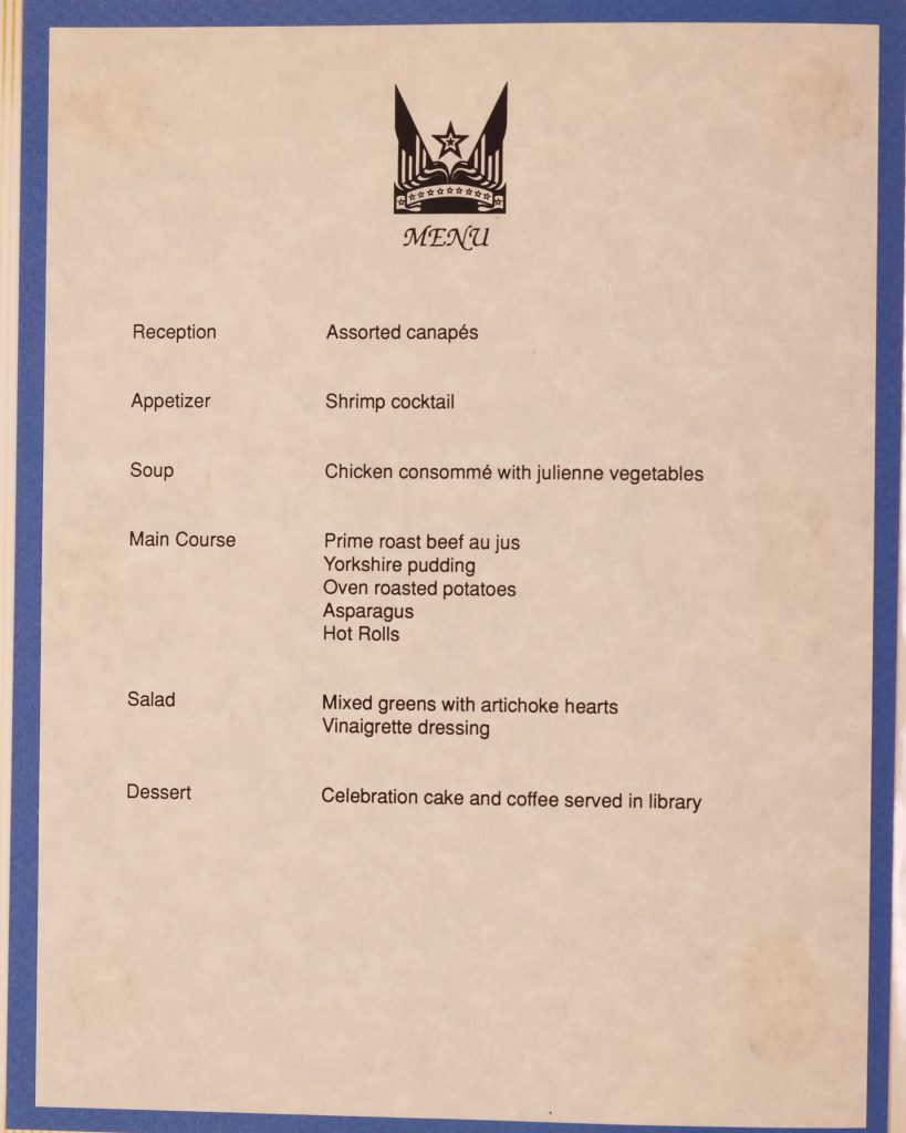 The menu presented at Kenley's banquet, with the names of the courses and dishes 