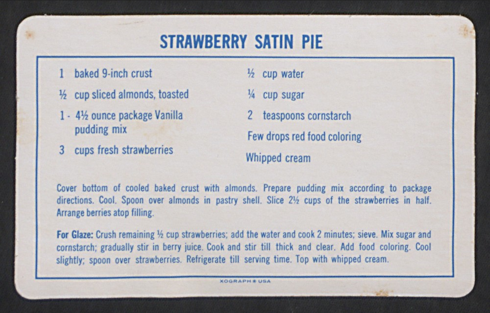 A recipe card for Strawberry Satin Pie.