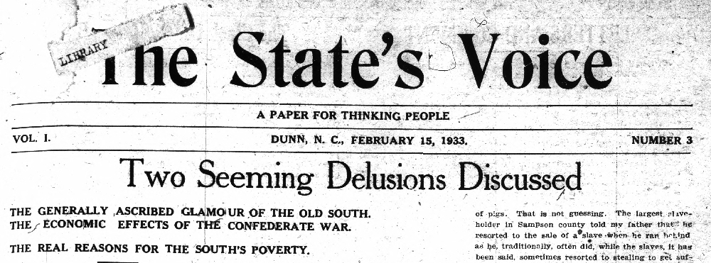 Black and white masthead of the February 15, 1933 issue of The State's Voice