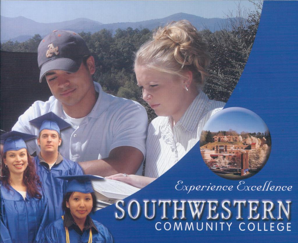 Two student reading a book and three students wearing blue graduation caps and gowns. In the right hand corner, there is a picture of Southwestern Community College campus. 
