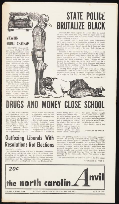 Front page of the NC Anvil issue from July 18, 1970. It features a drawing of a police officer looking down at a young African American person at their feet along with several large headlines.