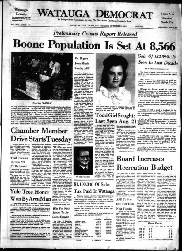 Front page of the September 3, 1970 issue of the Watauga Democrat featuring headline that says "Boone Population Is Set At 8,566"