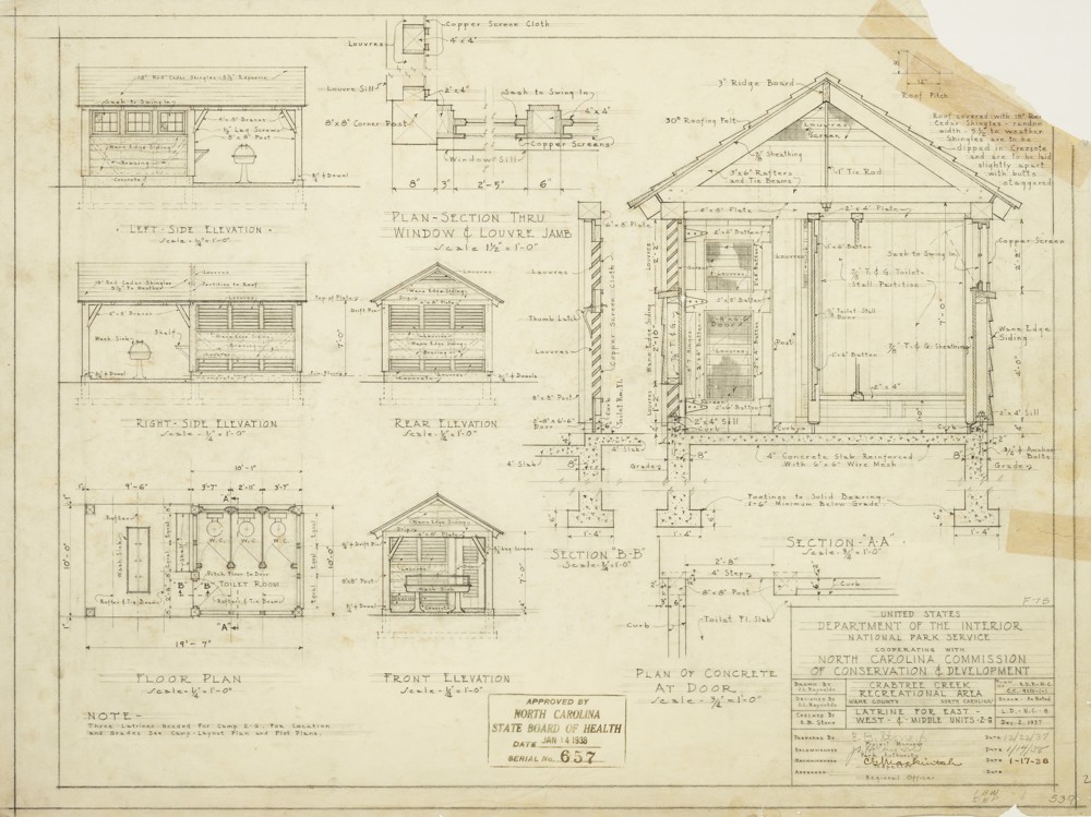 Detailed plan for a latrine. The plan shows the elevations from all sides, plan-section thru window and louvre jam, floor plan, and plan of concrete at door.