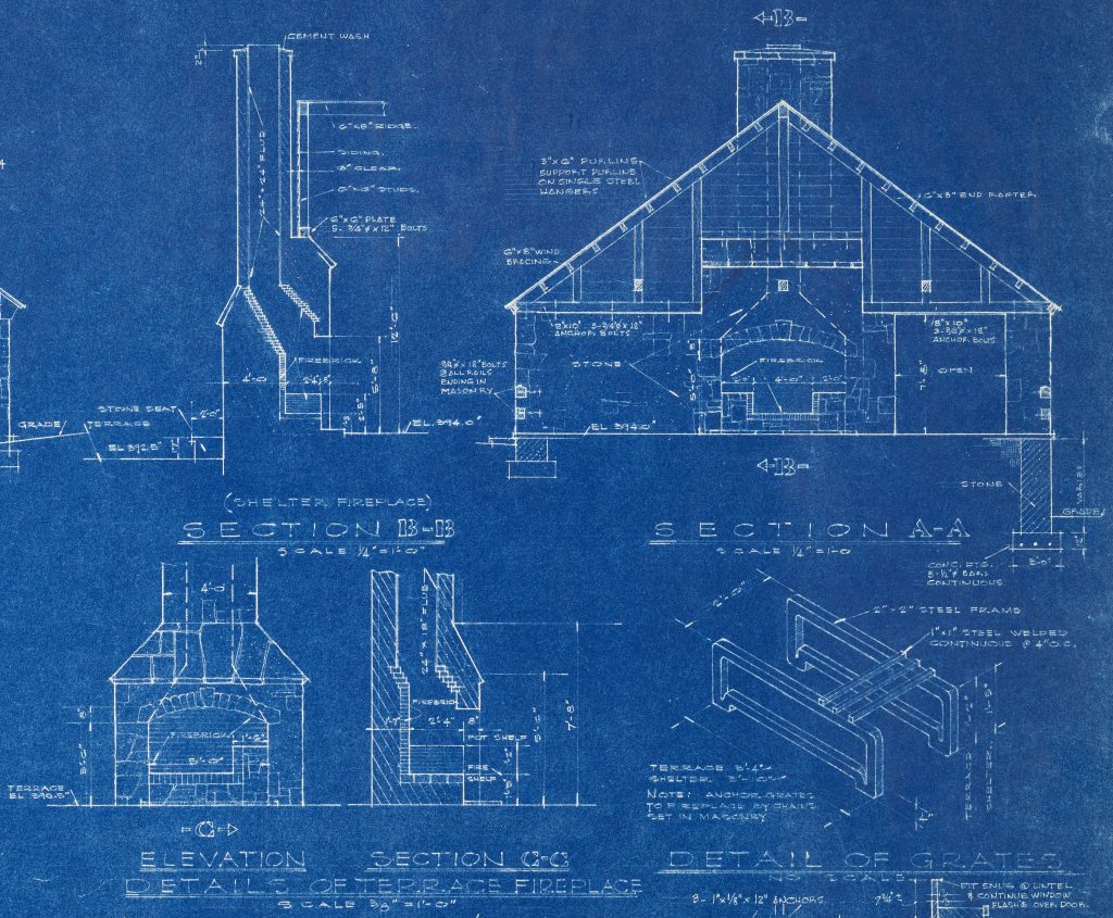 Detailed blueprint plans of a picnic shelter and fireplace.