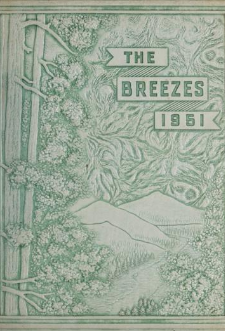 A green yearbook cover with the text The Breezes 1951. In the background are trees and other foliage. 
