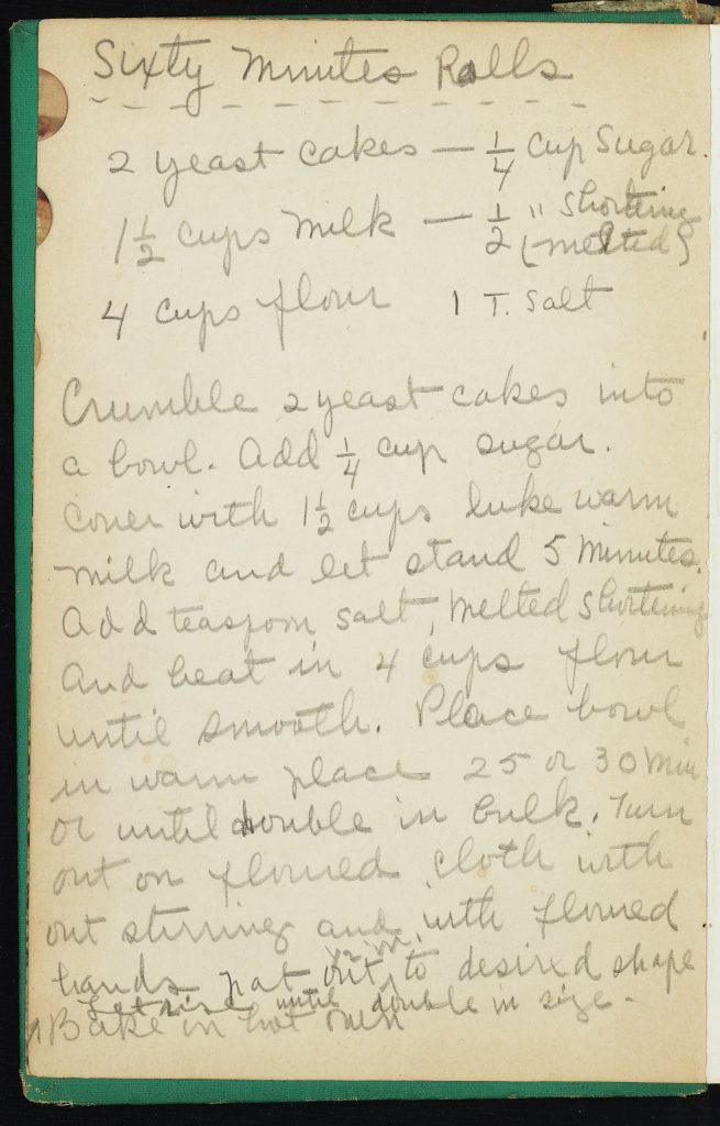 Handwritten Delany recipe for 60 minute rolls.