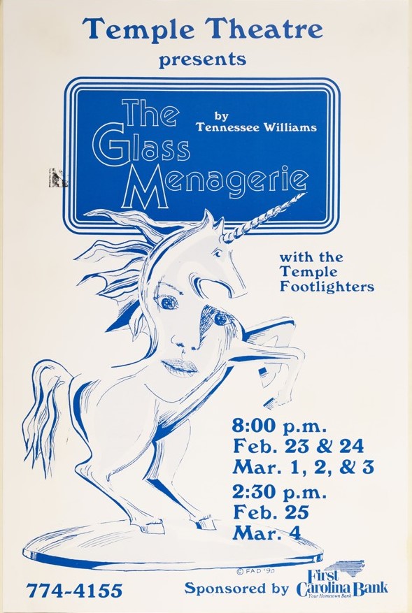A poster for a production of "The Glass Menagerie" at Temple Theater, featuring a glass unicorn.