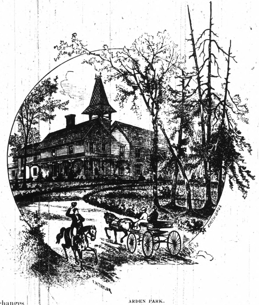The sketch shows a large building made out of what appears to be wood. There are trees to the right. On a road leading to the large building is an individual riding a horse, tipping their hat to two individuals riding in a horse drawn carriage.