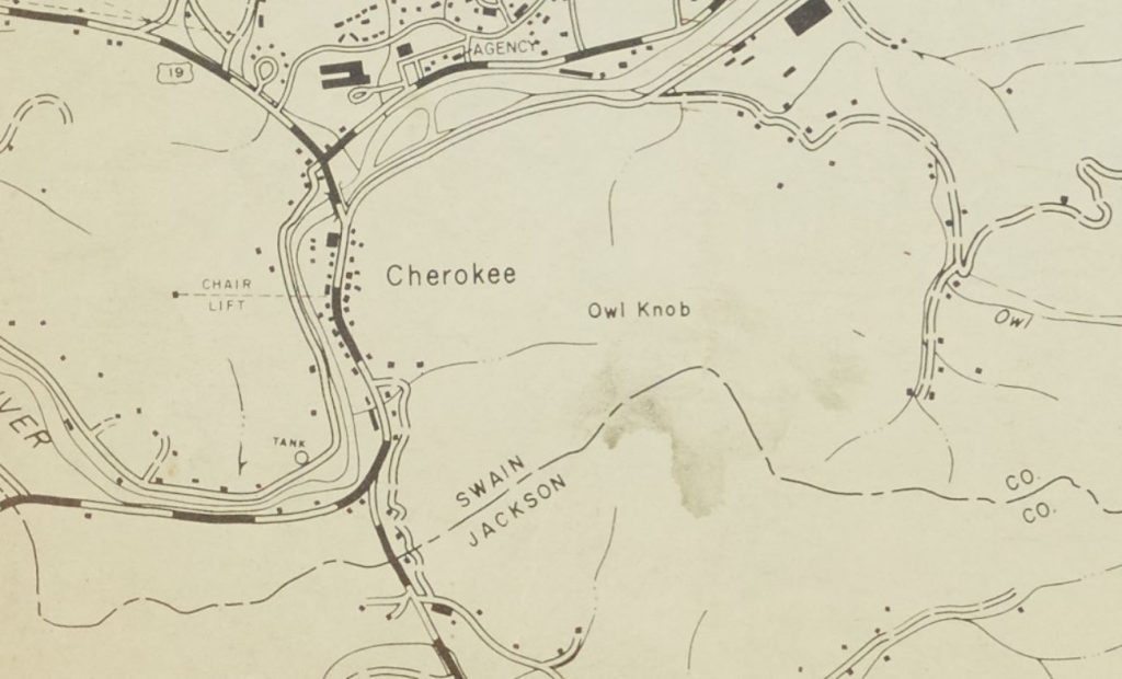 Map of Cherokee, NC that includes the Jackson County and Swain County lines