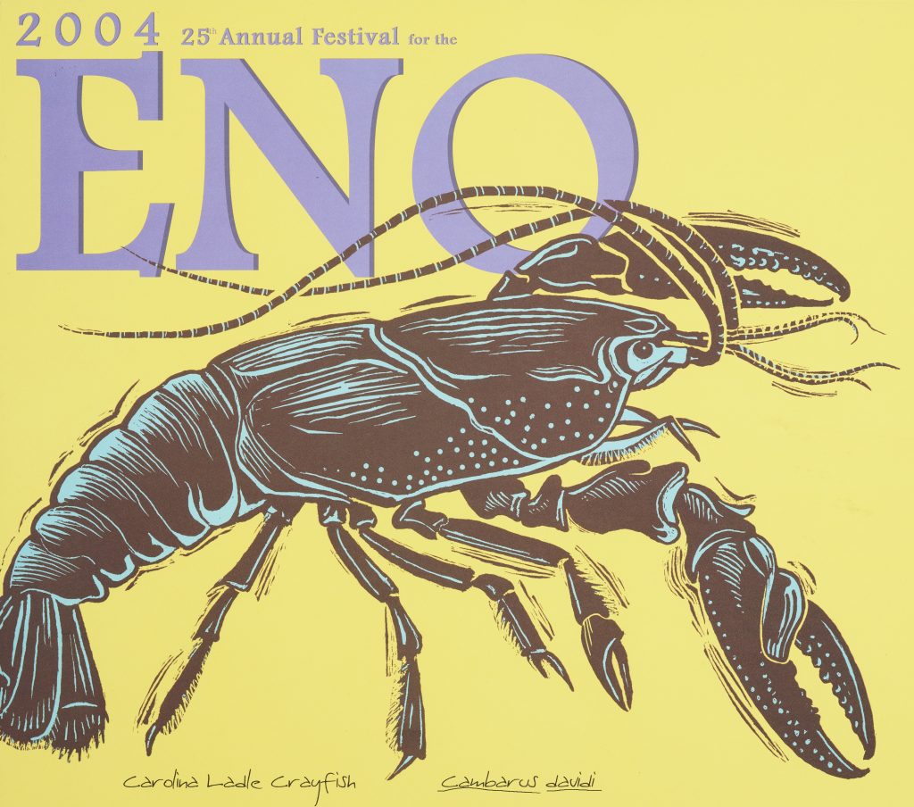 Imagery shows Carolina Ladle Carayfish (cambarus davidi). The text reads: 2004 25th Annual Festival for the Eno.