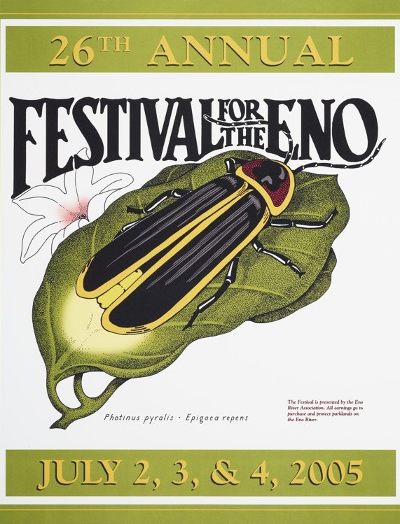 Lightning bug sitting on a leaf. the surrounding text reads: 26th annual Festival for the Eno, July 2, 3, and 4, 2005.