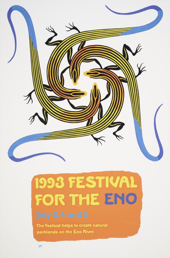 Imagery shows four salamanders circling into one another. The text reads: 1993 Festival for the Eno July , 3, and 5. The Festival helps to create natural parklands on the Eno River.
