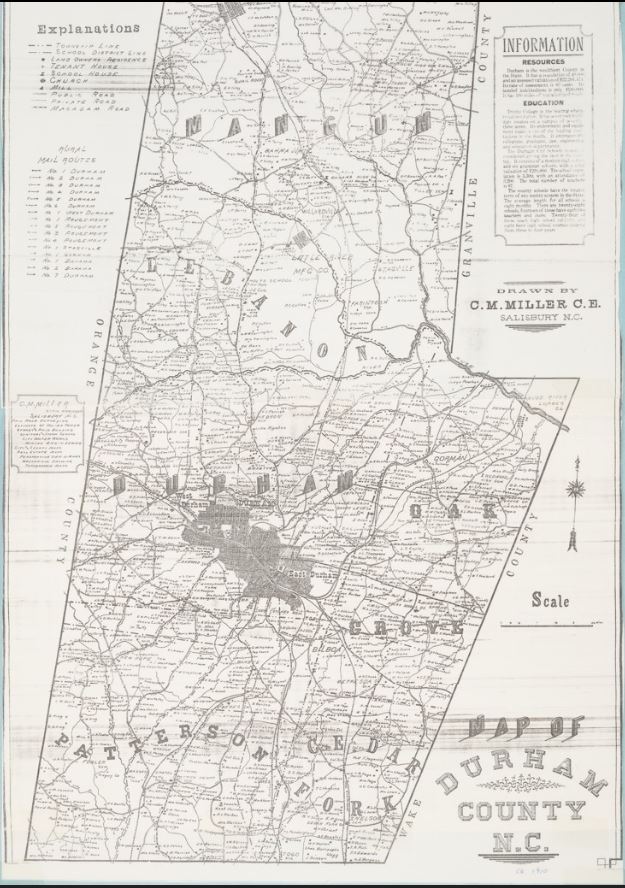 Line map of Durham County with roads annotated, key and contextual information
