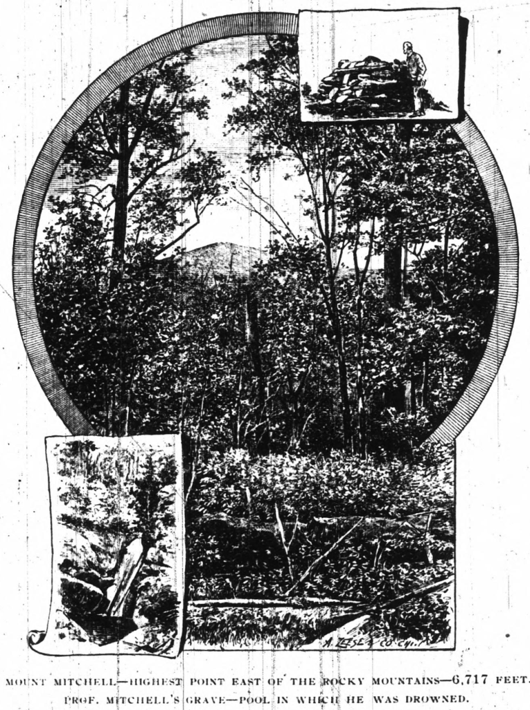 Sketch featuring Mount Mitchell. There are two smaller sketches in the top right and bottom left. The bottom left sketch shows a pool and the top right shows a grave which is covered by rocks. At the end of the grave is an individual standing. Below the sketch is written: Mount Mitchell--highest point east of the Rocky Mountains--6,717 feet. Prof. Mitchell's Grave--Pool in which he was drowned.