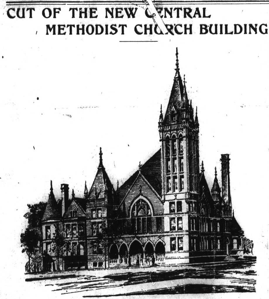 Realistic black and white illustration of the church bell tower and sanctuary. Title: Cut of the New Central Methodist Church Building