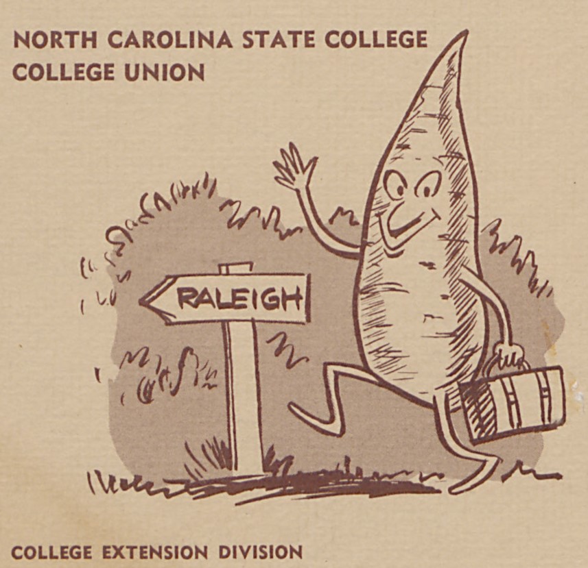 Drawing of a sweet potato waving and carrying a suitcase. The sweet potato is headed in the direction of Raleigh, which is posted on a sign which is pointing in the direction it is walking.