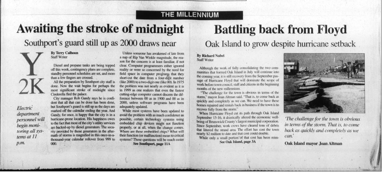 bottom of the front page of the December 29, 1999 issue of the State Port Pilot reading "Awaiting the Stroke of Midnight"