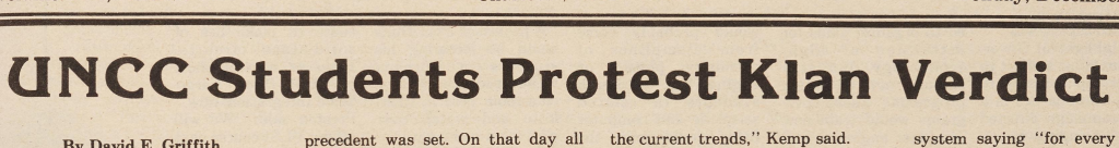 Text in the image reads: UNCC Students Protest Klan Verdict. 