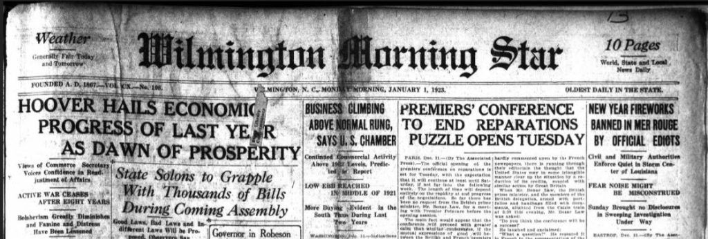 Headline from the January 1, 1923 issue of the Wilmington Morning Star 