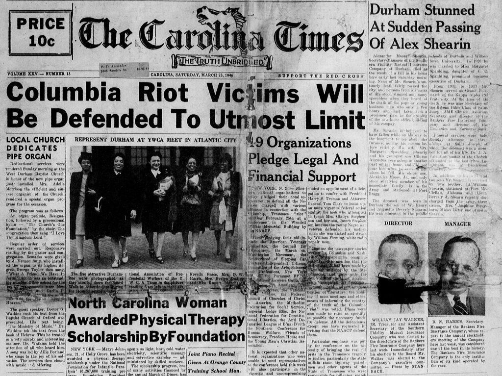Black and white newspaper front page of the March 23, 1946 issue of the Durham Carolina Times newspaper