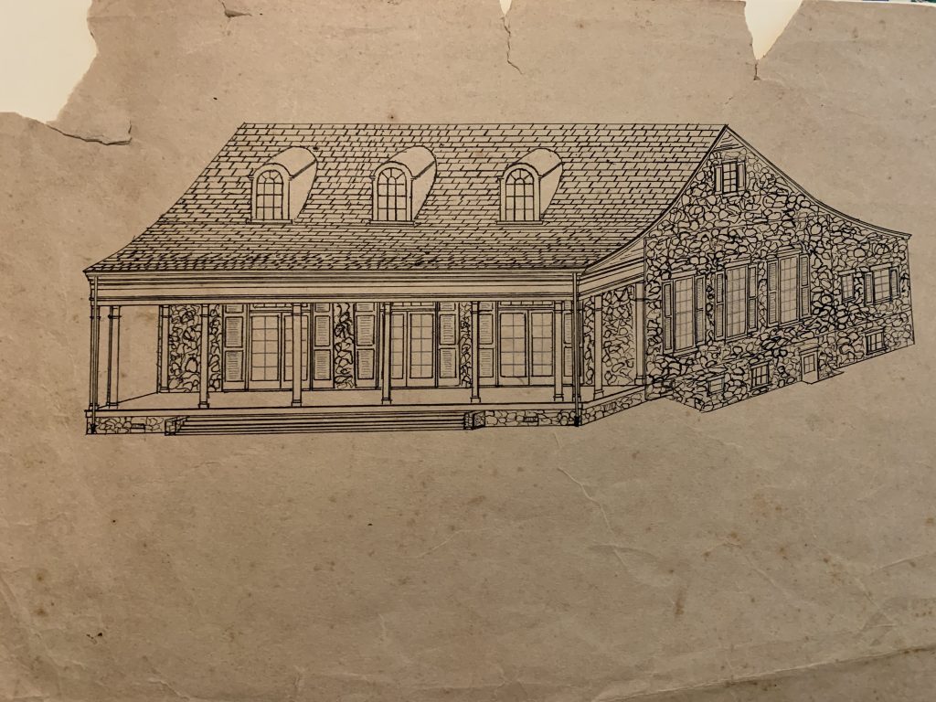 A drawing of the Pittsboro Community House, with attention paid to the pattern of its sandstone walls.
