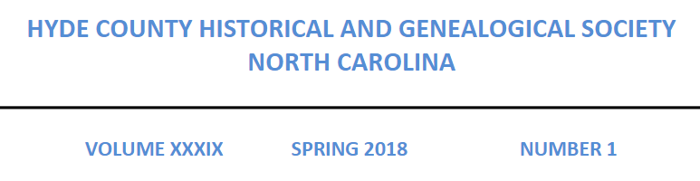 Header for the High Tides journal. The text reads: Hyde County Historical and Genealogical Society. North Carolina. Volume XXXIX Spring 2018 Number 1.