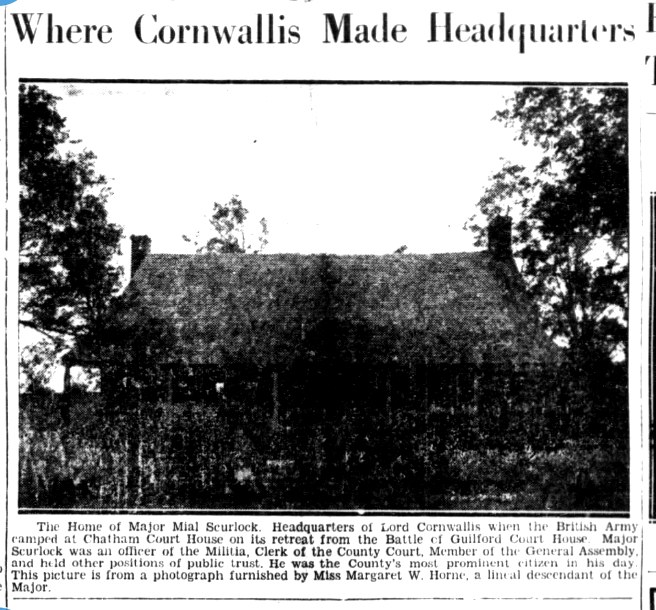 A newspaper clipping featuring a photo of the Scurlock House with the headline "Where Cornwallis Made Headquarters"