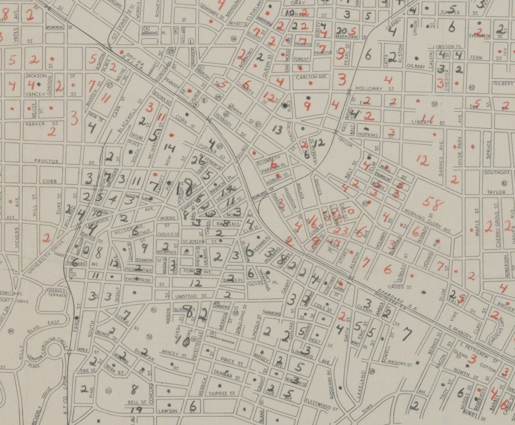Map titled: juvenile delinquency - July 1950-June 1958. There are numbers and circles in red and black pen.