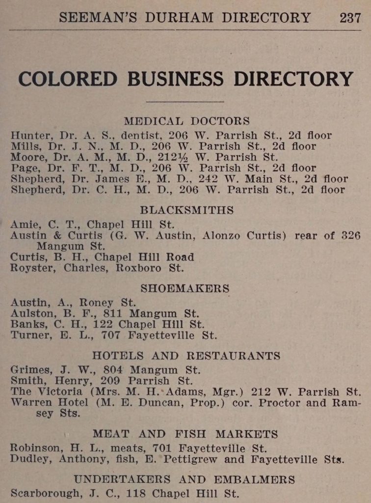 Colored business directory page from the Seeman's Durham, North Carolina Directory pocket edition from 1911-1912. Listed in the directory are profession types, names, addresses of businesses.