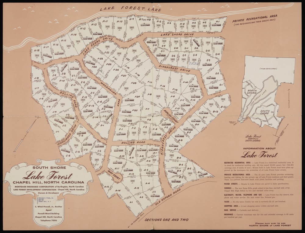A white and orange map of the Lake Forest housing development.