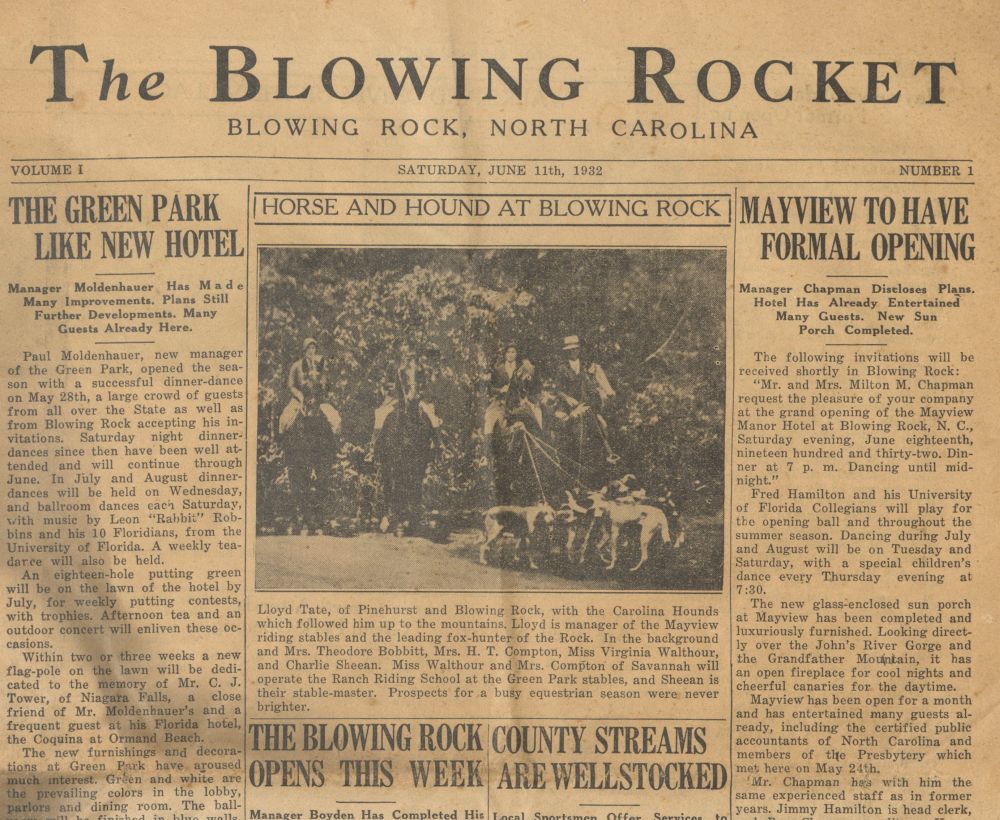 Portion of color front page of Volume 1, Issue 1 of The Blowing Rocket with masthead, articles, and image of riders on horses with dogs.