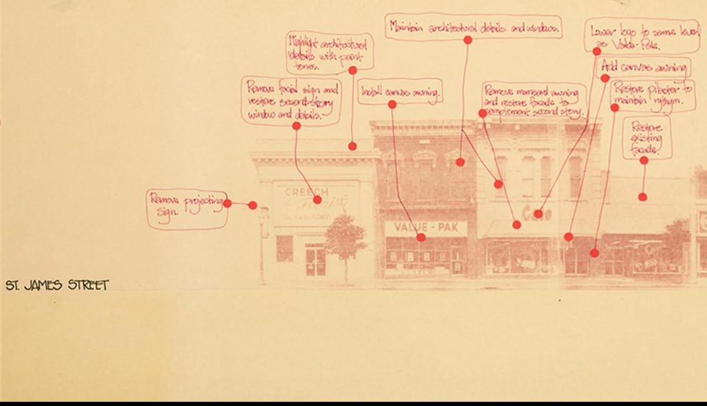 Streetscape of several building facades on Main Street in Tarboro at the cross section of St. James Street image is in sepia tones