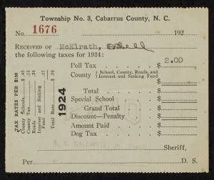 Shows Odell McElrath's poll tax receipt on creamy-white paper in good condition with little damage. Image shows a typical poll tax receipt for Township No. 3, Cabarrus County, N.C. Written that it is received of McElrath, Odell. It shows he paid a $2.00 poll tax in 1924. The back is black except the annotation “2002.001.18 Coll. 11”