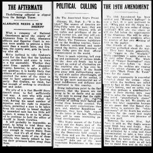 Excerpts from three articles in the newspaper on white paper with some tearing and wear.