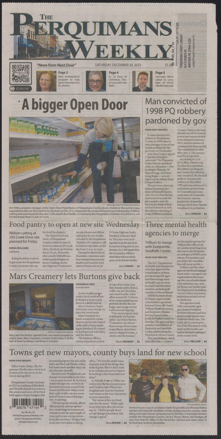 The front page of The Perquimans Weekly from December, 2023.