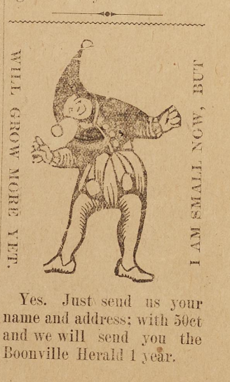 An etching of a jester above a blurb advertising a year of the Herald for 50 cents.